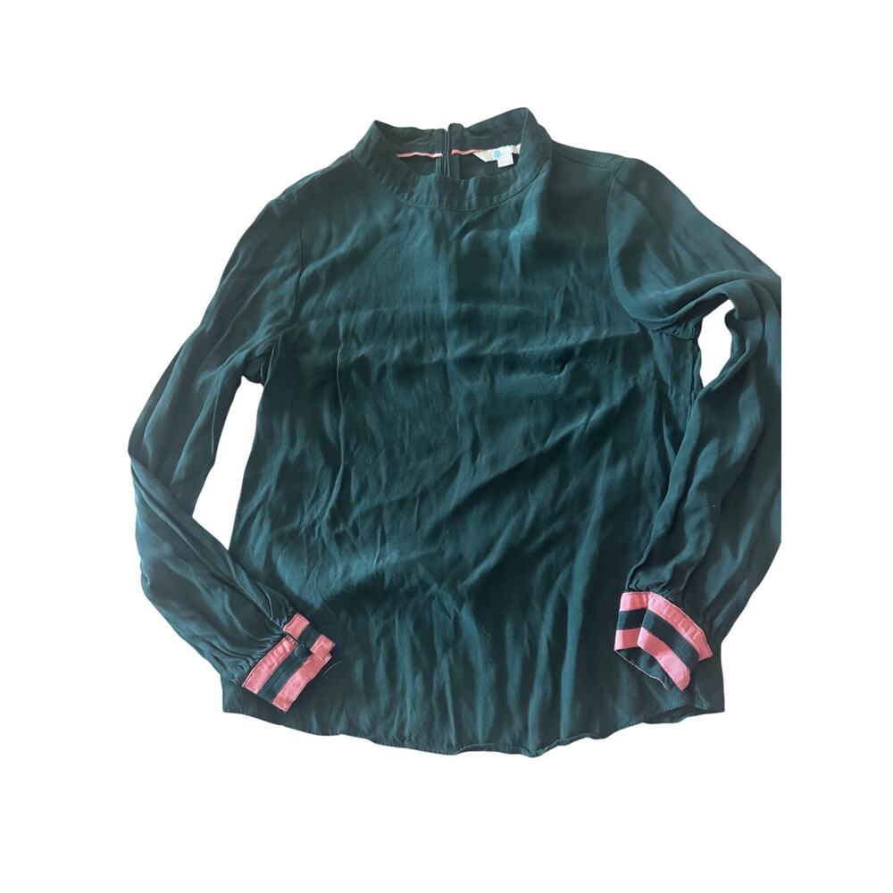 Boden Womens Size 6 Green Blouse Ruffle Neck Striped Cuffs Long Sleeve
